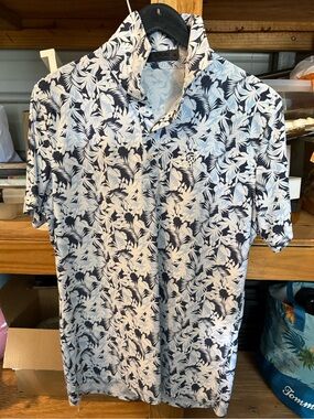 G/FORE White & Navy Tropical Leaf Polo